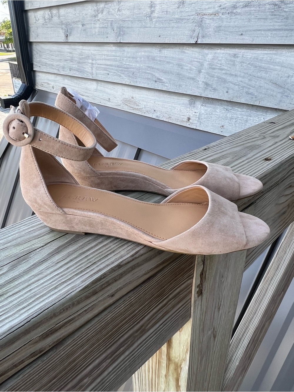 J. Crew Factory Nude Demi-Wedge Sandals Womens Size 8 Ankle Strap Open Toe Suede